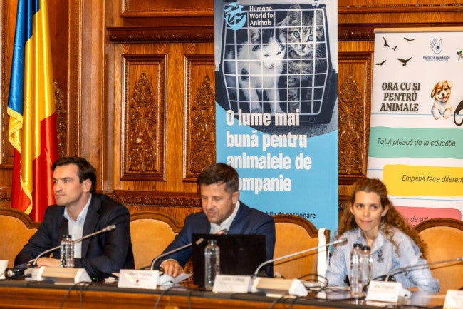 a group of people sitting at a table with microphones