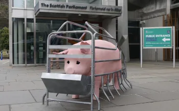 Penny, the animatronic pig in a replica farrowing crate, outside the Scottish Parliament in Holyrood, Edinburgh as part of Humane World for Animals UK's Crate Britain Tour, August 2025.