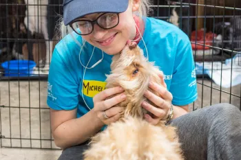 CA wildfires volunteer and dog HSUS volunteer cuddling a dog at a temporary emergency shelter to care for animals displaced by the California wildfires in 2018.