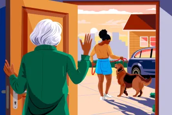 Illustration of a woman standing in her doorway, waving goodbye to another woman walking away with a dog.